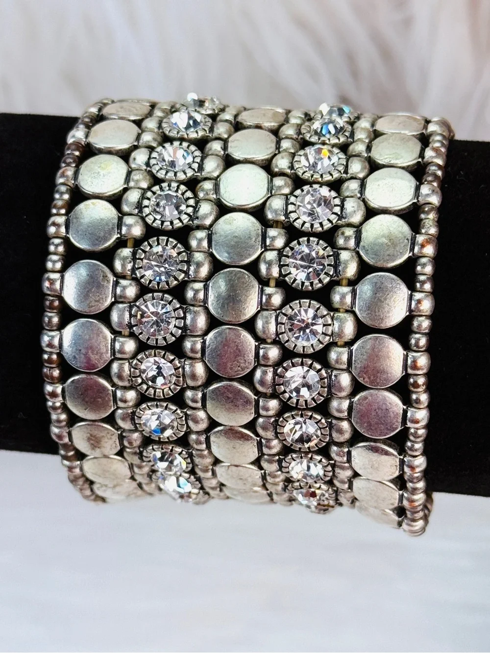 Vintage aged Silvertone crystal Beaded Stretch white band Bracelet